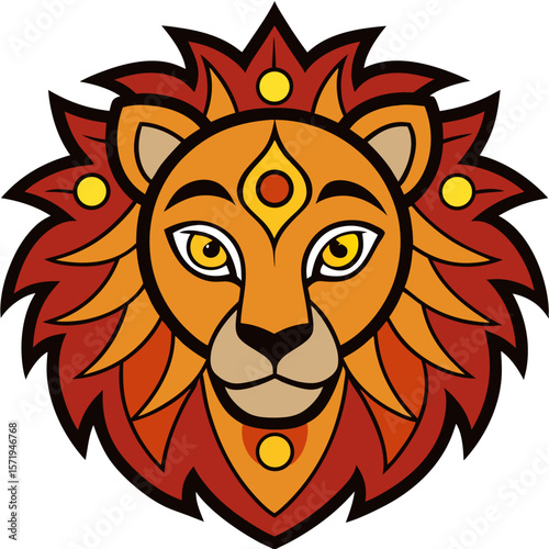 Stylized lion face with a fiery mane and third eye