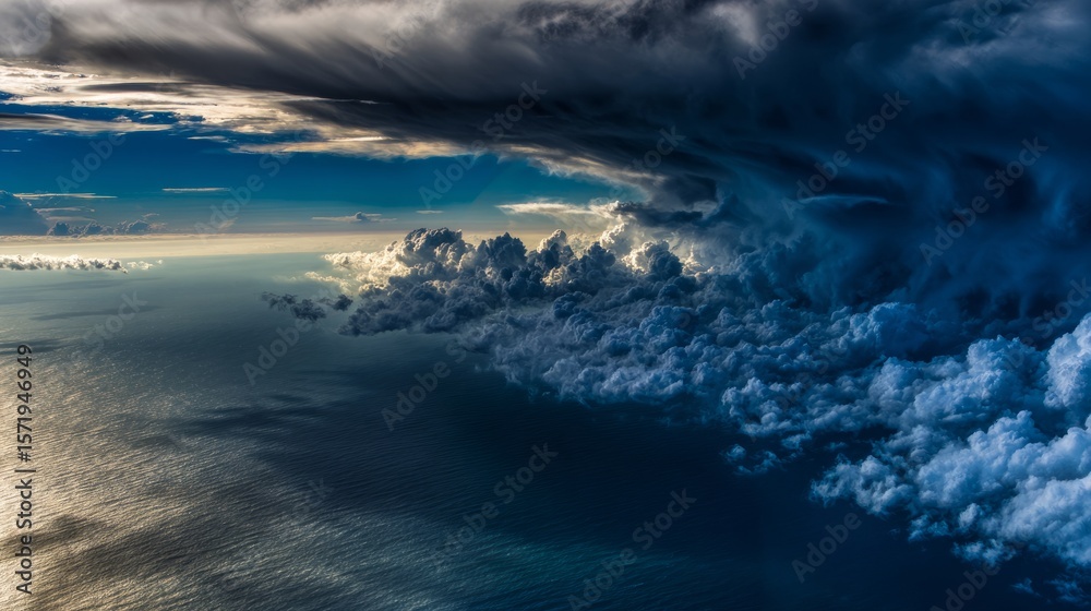 Fototapeta premium Dramatic swirling cloud formation over the ocean from an elevated perspective.
