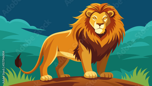 Majestic lion standing proudly on a rocky outcrop under a dark blue sky