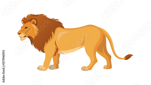 Majestic male lion with a full mane standing in profile against a black background