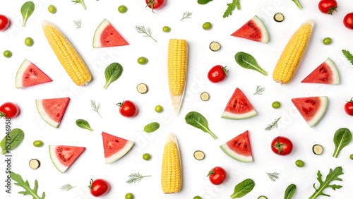 Summer Food Flat Lay Watermelon Corn Tomatoes and Greens