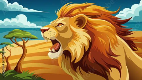 Majestic lion roars powerfully in the african savanna landscape