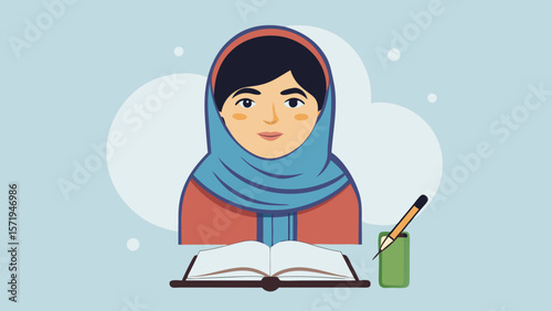 Young muslim woman wearing a hijab studying an open book with a pencil