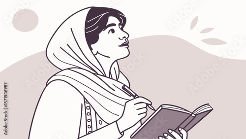 Young woman wearing a headscarf writing in a journal with a pen