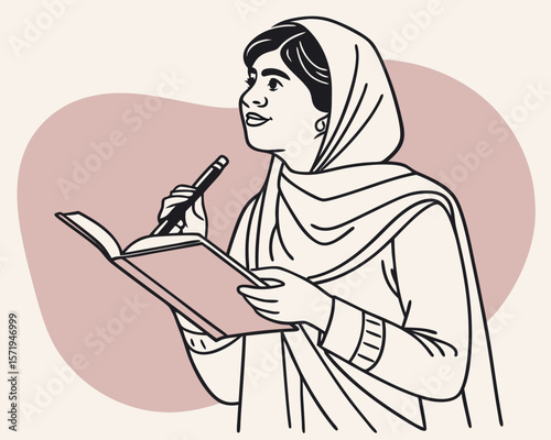 Young woman wearing a headscarf writes in a book with a pen