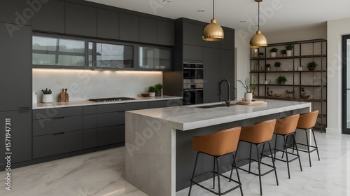 Modern Luxury Kitchen: Dark Cabinetry, Marble Island, Gold Accents, and Stylish Bar Stools.