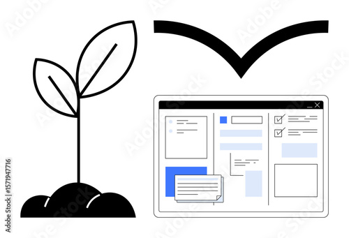 Young plant sprout beside a web interface symbolizing growth, innovation, communication, and technology. Ideal for sustainability, eco-tech, digital solutions, progress, productivity education