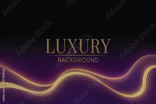 Luxurious purple gradient background with glowing gold LUXURY text, elegant wave lines, metallic reflections, and subtle textured depth 