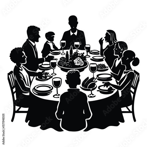 A warm silhouette of a big family gathered around a table, sharing laughter and a delicious meal, celebrating togetherness and love in a cozy, joyful atmosphere.
