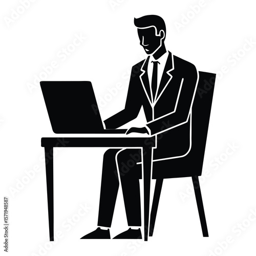 A focused businessman works intensely at his desk, managing tasks on his laptop, surrounded by documents, embodying dedication and productivity in a busy workday.
