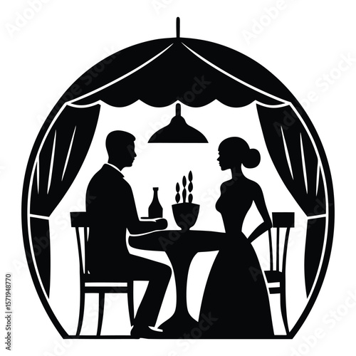 A romantic silhouette of a couple sitting and dining together, sharing a quiet meal at a small table, capturing love, intimacy, and connection in a timeless moment.
