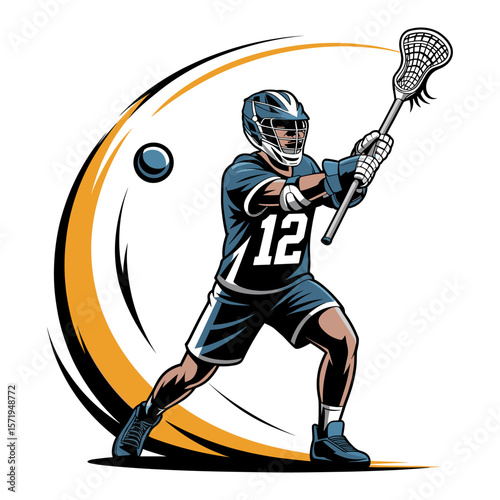A man in a blue uniform is holding a lacrosse stick and is about to hit a ball