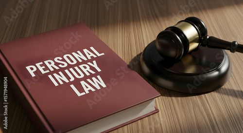 Personal Injury Law Book and Gavel on a Wooden Desk: Symbolizing Justice and Legal Proceedings