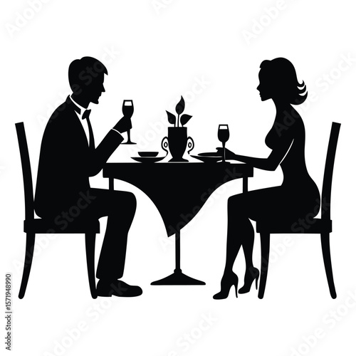 A romantic silhouette of a couple sitting and dining together, sharing a quiet meal at a small table, capturing love, intimacy, and connection in a timeless moment.
