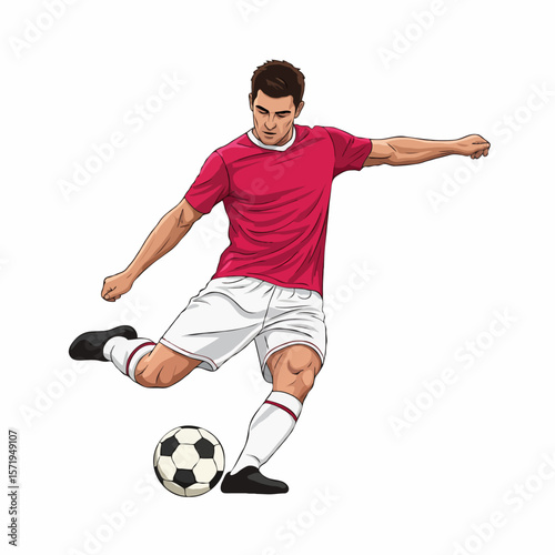 Soccer Striker Kicking the Ball to Score a Goal During Intense Match Moment