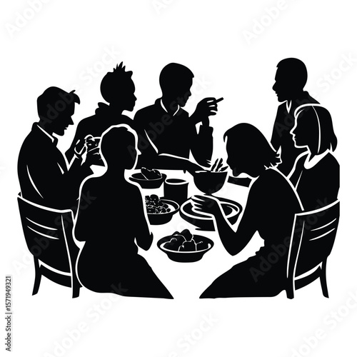 Silhouettes of people dining in a cozy restaurant setting, engaged in conversation, enjoying meals, and creating a warm, social atmosphere around shared tables.
