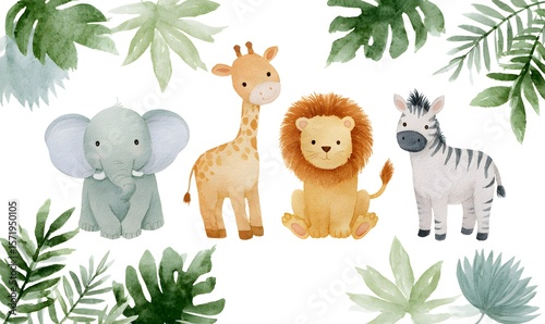 Fototapeta Naklejka Na Ścianę i Meble -  Watercolor illustrations of cute baby jungle animals: an elephant, giraffe, lion, zebra, and monkey with a hippopotamus in the background, set against a white background with leaves. Generative AI