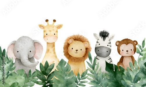 Watercolor illustrations of cute baby jungle animals: an elephant, giraffe, lion, zebra, and monkey with a hippopotamus in the background, set against a white background with leaves. Generative AI