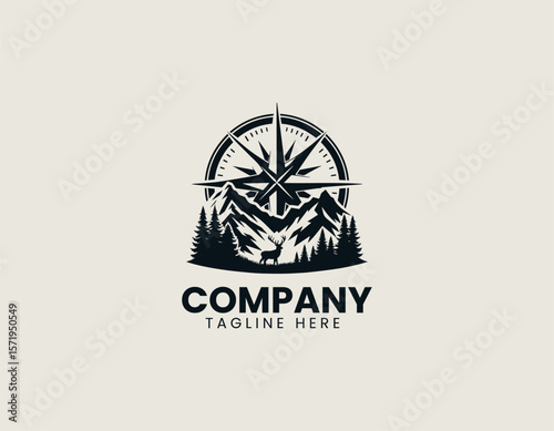 Rugged Mountain Compass Wildlife Adventure Exploration Vector Logo Design