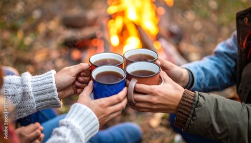 Four people toast with mugs near a crackling campfire in woods