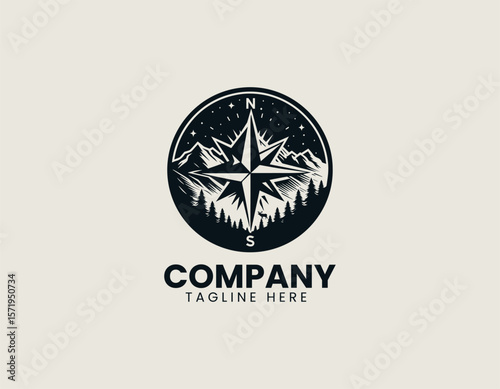 Rugged Mountain Compass Wildlife Adventure Exploration Vector Logo Design