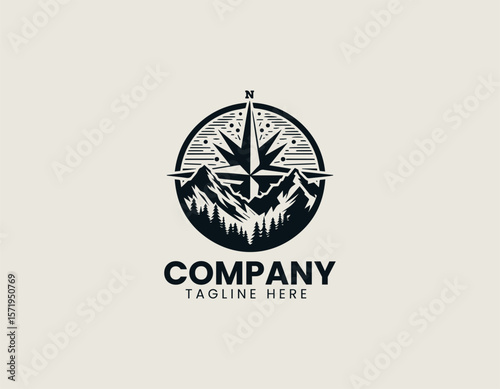 Rugged Mountain Compass Wildlife Adventure Exploration Vector Logo Design