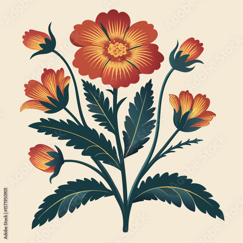 Vector floral pattern with decorative spring flowers, leaves, and botanical elements, perfect for seamless nature-inspired designs and illustrations