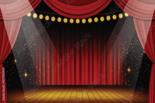 Luxurious red curtains, golden stage lights, polished wooden floor, dramatic beams, and magical sparkles create a theatrical, professional ambiance 