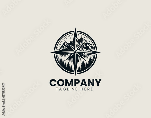 Rugged Mountain Compass Wildlife Adventure Exploration Vector Logo Design