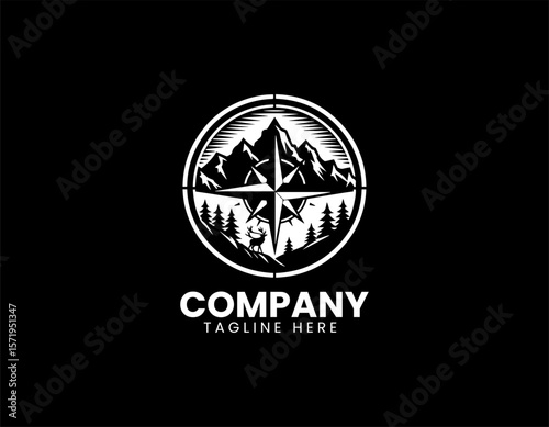 Rugged Mountain Compass Wildlife Adventure Exploration Vector Logo Design