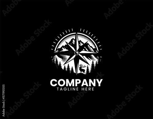 Rugged Mountain Compass Wildlife Adventure Exploration Vector Logo Design
