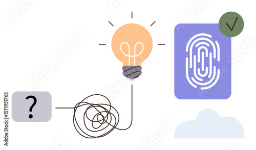 Path from tangled confusion to bright idea, connecting to verified identity via fingerprint. Ideal for problem-solving, innovation, technology, security, creativity, decision-making success. Simple