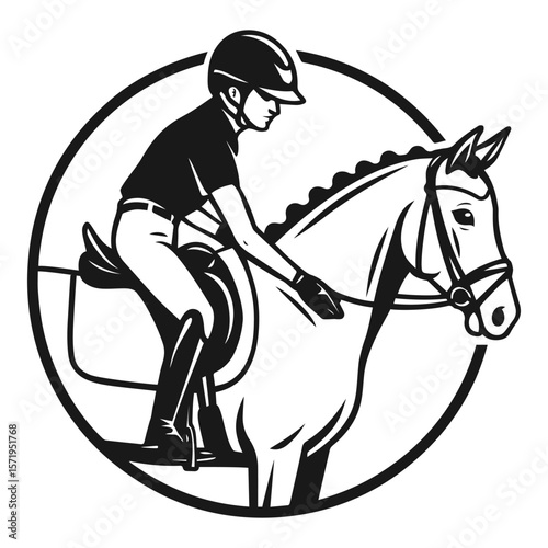 Black and white vector illustration of an equestrian rider in helmet and boots riding a horse inside a circular frame