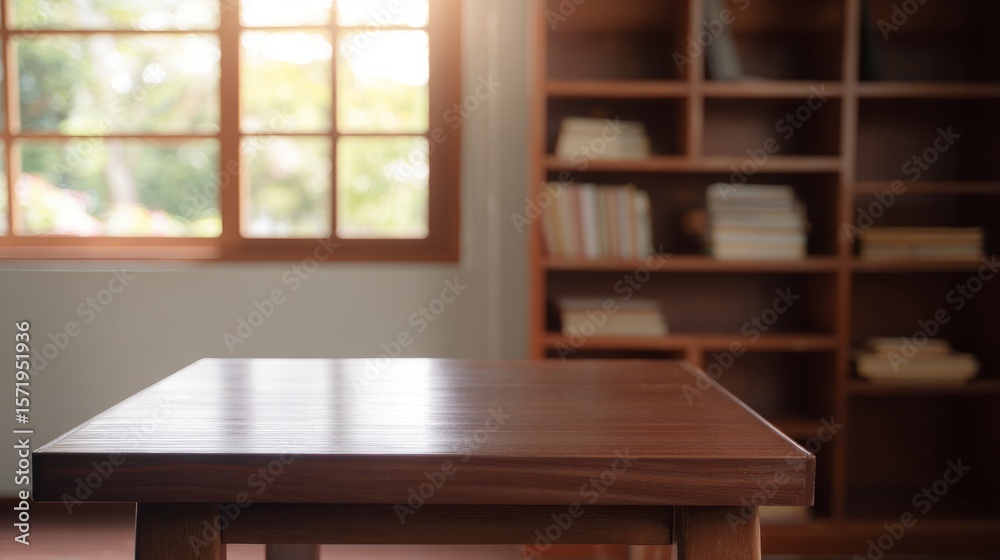 Fototapeta premium Wooden desk in a cozy living room with soft focus bookshelf. Peaceful home atmosphere with warm natural light. 