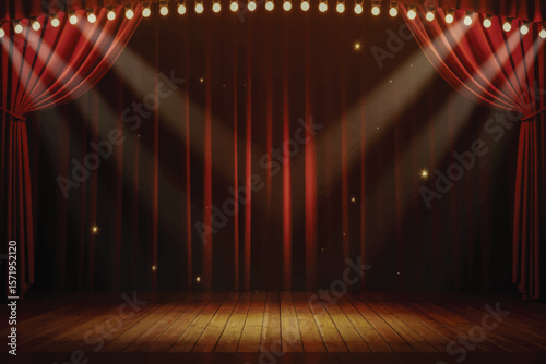 Luxurious red curtains, golden stage lights, polished wooden floor, dramatic beams, and magical sparkles create a theatrical, professional ambiance 