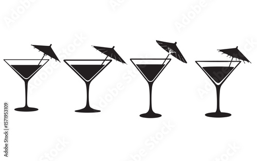 
Four martini glasses with cocktail umbrellas silhouette isolated on white background