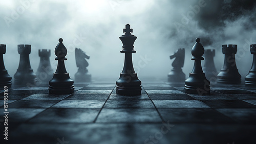 Chess game strategy queen piece on dark board, World Chess Day