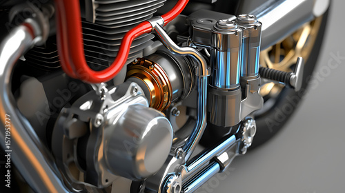 A close up of a motorcycle engine with a red hose attached to it