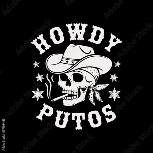 A skull with a cowboy hat and a cigarette in its mouth