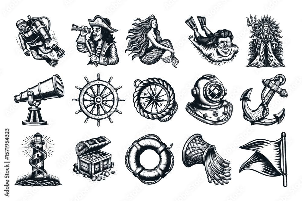Fototapeta premium A set of 15 hand-drawn vintage pirate & nautical icons—diver, pirate, mermaid, spyglass, ship’s wheel, compass, anchor, lighthouse, treasure chest & more. Great for sea-themed designs.