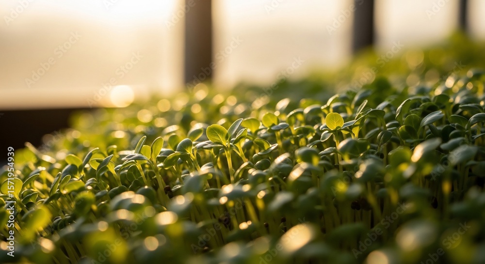 Fototapeta premium Golden Hour Sunlight Illuminates Lush Microgreens in a Dense, Green Field