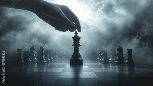 Strategic hand moving king chess piece in dark mysterious setting, World Chess Day