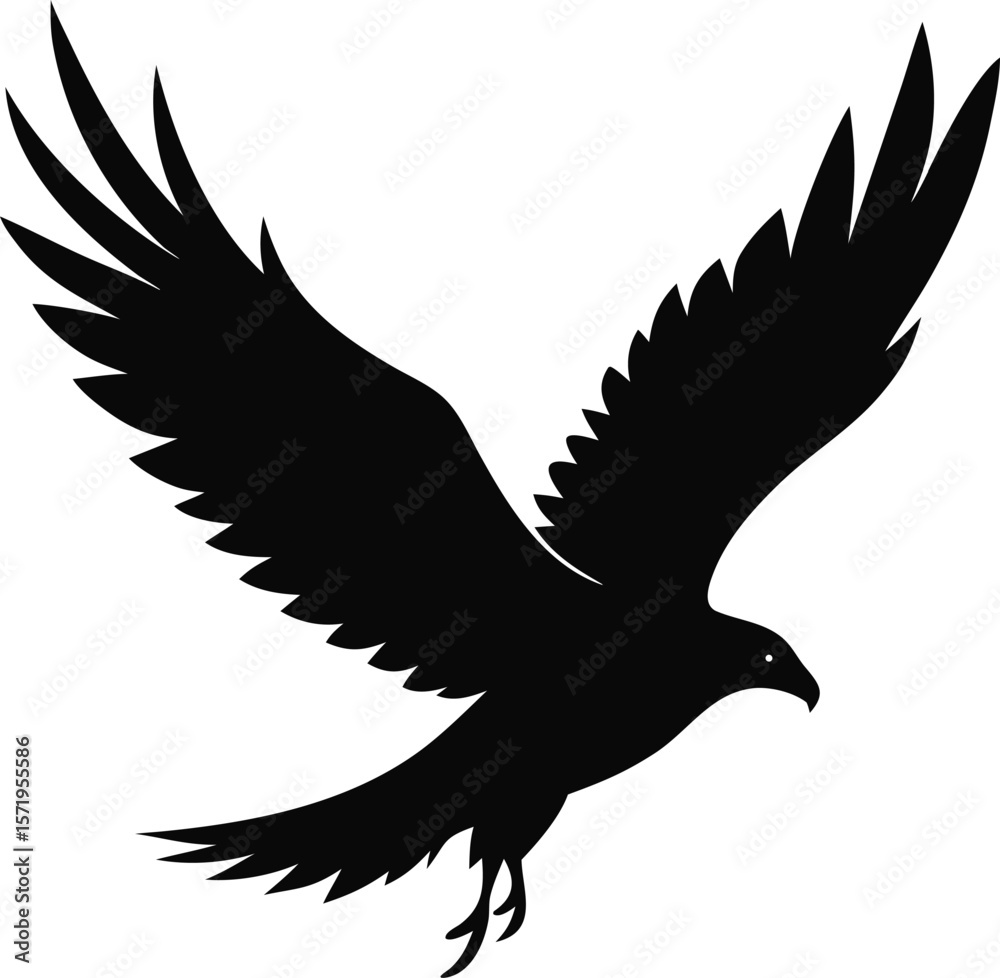 Obraz premium Solid silhouette vector of a soaring eagle in flight, nature theme with white background.