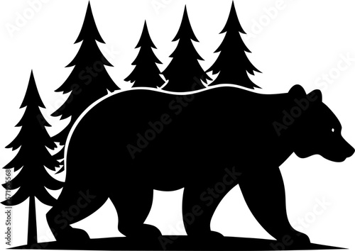 Silhouette of a bear walking, forest wildlife icon with white background.