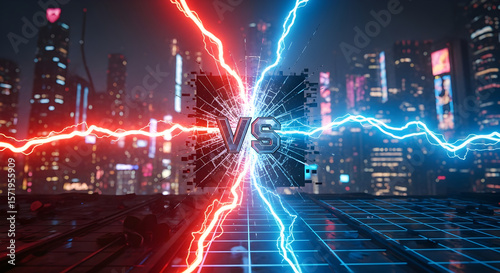 Electric Versus Symbol with Red and Blue Lightning in Futuristic Cityscape at Night
