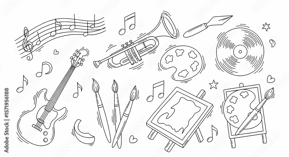 Fototapeta premium Set of playful hand drawn music and art illustrations. Doodle drawings of instruments (guitar, trumpet, vinyl record), paint brushes, palettes, musical notes and artist tools. Line art in retro style