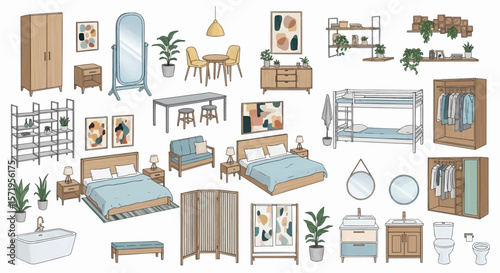Modern Minimalist Furniture and Decor Collection: An Illustrative Array of Wardrobes, Beds, Dining Sets, Shelving, Bathroom Fixtures, and Potted Plants
