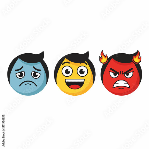 Male and Female Facial Expressions Showing Sadness, Happiness, and Anger Emotions