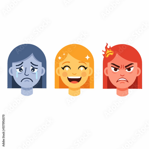 Male and Female Facial Expressions Showing Sadness, Happiness, and Anger Emotions