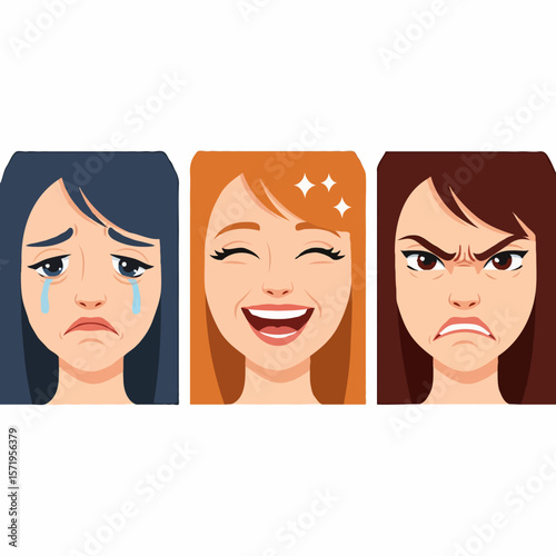 Male and Female Facial Expressions Showing Sadness, Happiness, and Anger Emotions
